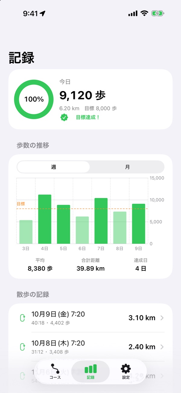 歩数の記録の画面